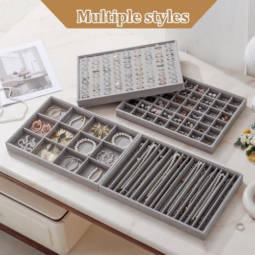 KATISYIO Large Velvet Jewelry Tray 2 Pack Stackable Jewelry Display Drawer Inserts Trays Organizer for Earring Bracelet Necklace Ring (Gray, 16 Grids)