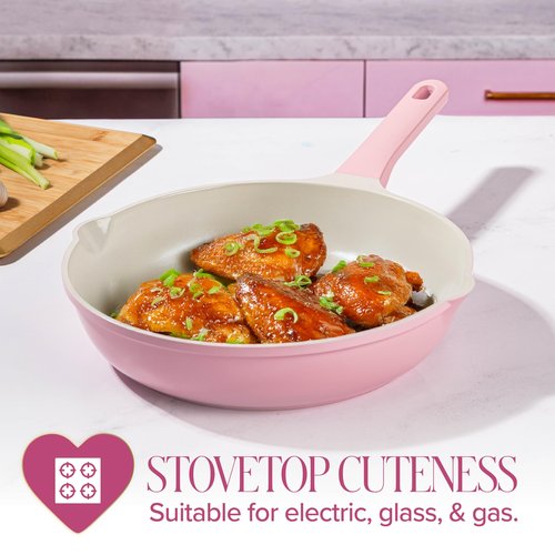 Paris Hilton Ceramic Cast Aluminum Nonstick Fry Pan, Fast & Even Heating with Easy Pour Spouts & Comfort-Grip Handle, 11-Inch, Pink