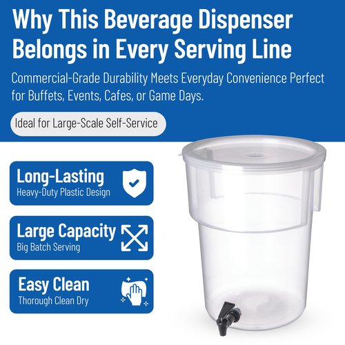 Carlisle FoodService Products Round Beverage Dispenser Drink Dispenser with Spigot for Catering, Plastic, 5 Gallons, Clear