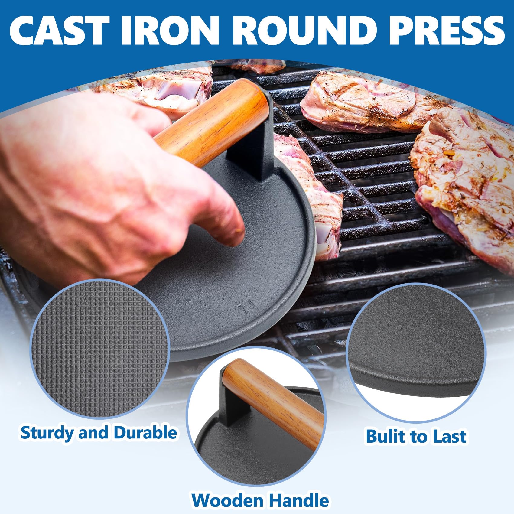 SafBbcue Round Cast Iron Smash Burger Grill Weight Press Tool & Griddle Steamer Melting Dome 12" Round Stainless Steel Basting Cover for Blackstone Griddle, Griddle Food Cover Dome for Flat Top Grills