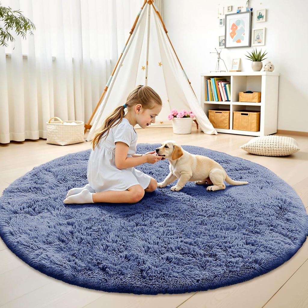 OLANLY Denim Blue Round Rug - Soft & Fluffy 6 ft Circle Area Rug for Bedroom, Living Room & Nursery Decor