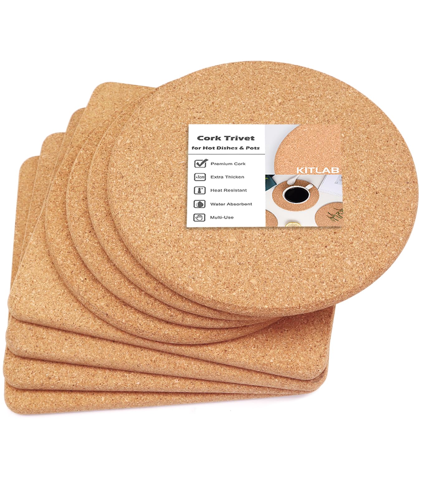 KITLAB Cork Trivet, High Density Fine Particle Thick Cork Trivets for Hot Dishes, 8 Inch Heat Resistant Coaster, Placemats Hot Pads for Pots and Pans, 8 Pcs, 8x0.4 Inch, Round and Square (KTLBCT26)