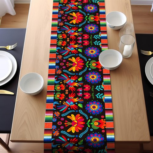Linen Mexican Fiesta Table Runner 24 Pack Decoration 72×13in Long De Mayo Farmhouse Runner Dia De Los Muertos Runners Kitchen Dining Home Table Decoration Day of The Dead Decor and Supplies