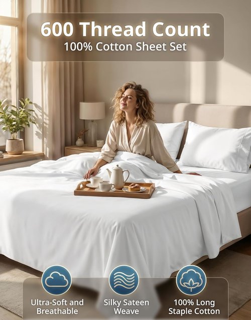 LANE LINEN King Size Sheets Set - 600 Thread Count 100% Cotton, Naturally Cool & Durable - White