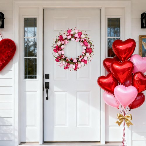 MAINGKAUNG Valentines Day Decorations 20 Inch Valentine's Day Wreath Pink Valentine Wreaths for Front Door with Red Love Heart Berries Pink Tulips Wedding Anniversary Decor