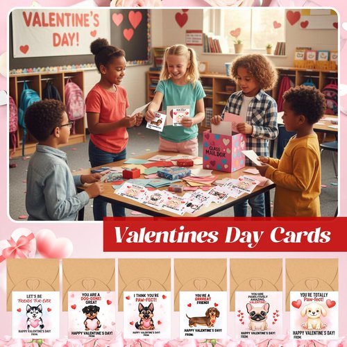 Tinlade 24 Pack 4.3 x 4.3″ Dog Valentines Cards with Envelopes Dog Valentines Day Cards Bulk for Classroom Adorable Design with Printed Message Inside for Teachers Students Coworker Family Friend