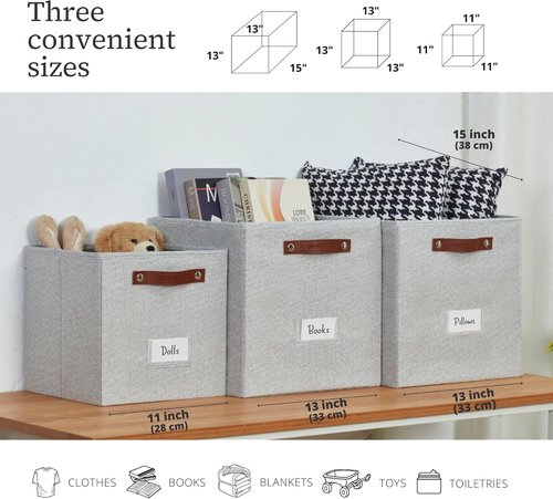 DECOMOMO Storage Baskets - 13x15x13 Cube Bins with Labels for Organized Shelves | Light Grey (4pcs)