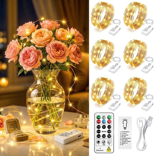 HXWEIYE 6 Pack Rechargeable Fairy Lights Battery Operated with Remote & DIY Timer, 7ft 20LED Mini Twinkle String Light for Mason Jar DIY Wedding Table Centerpieces Party Bedroom Christmas (Warm White)
