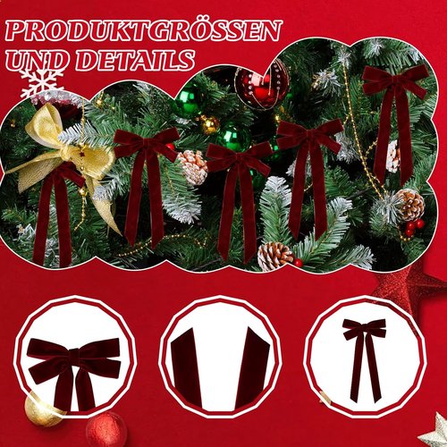Burgundy Velvet Ribbon Bows by [Brand Name] - 8 Pcs 5in x 10in Ornaments for Christmas Tree & Gift Wrapping