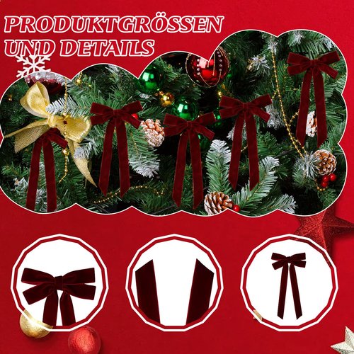 8Pcs Burgundy Velvet Ribbon Bows for Christmas Tree Decorations, 5in x 10in Bows Ornaments for Christmas Tree Wreath Mantle Stair Garland Wreath Gift Wrapping Candy Bags Party Decor (Width of 1")