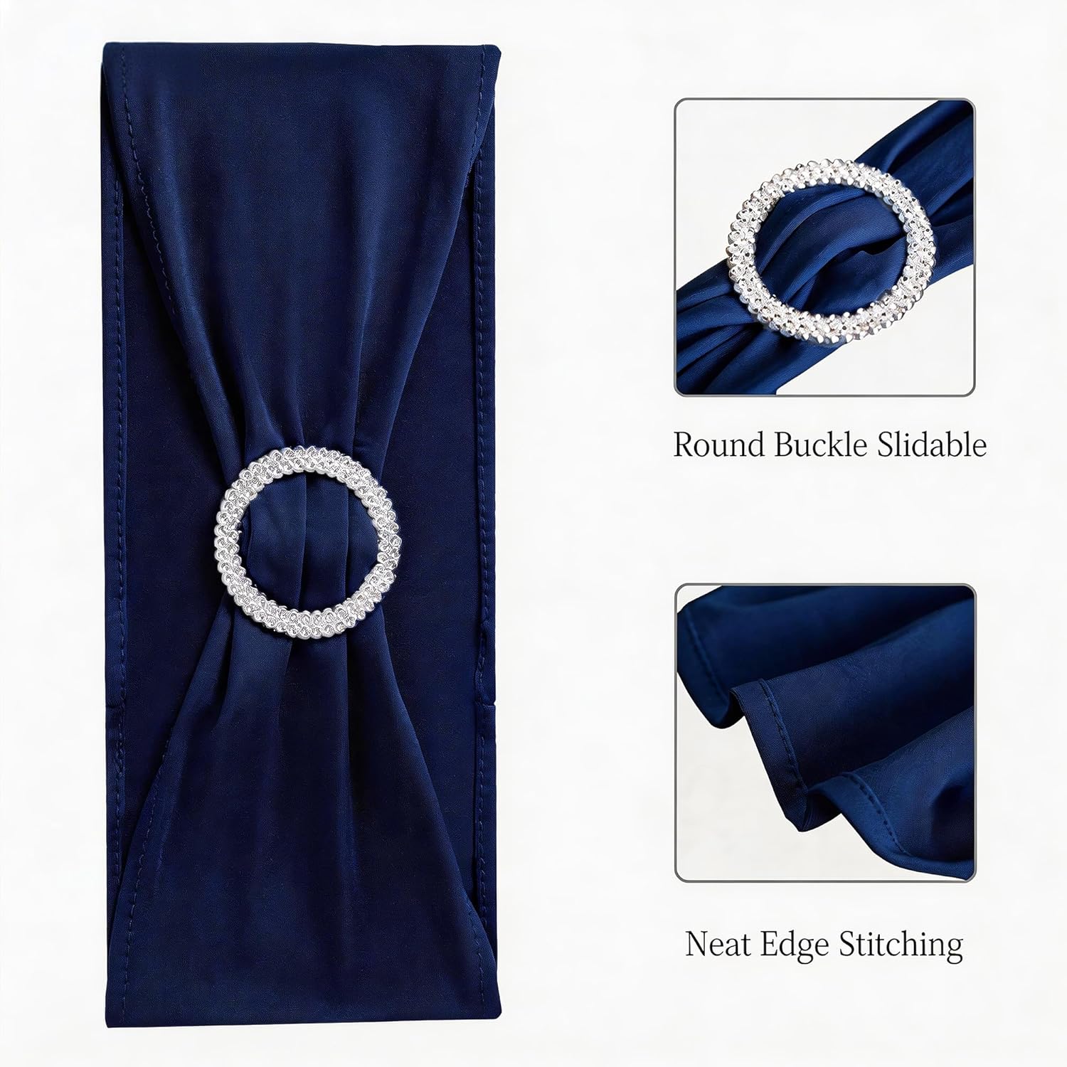 Skiennix 50 Pack Navy Blue Stretch Spandex Chair Sashes - Elastic Bands with Slider Buckles for Weddings & Events