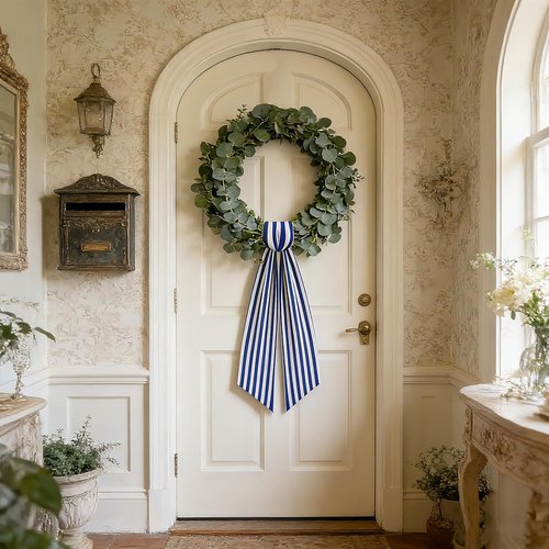AZYM Wreath Sash Set - Elegant White and Blue Ribbon Accessories for Indoor/Outdoor Decor
