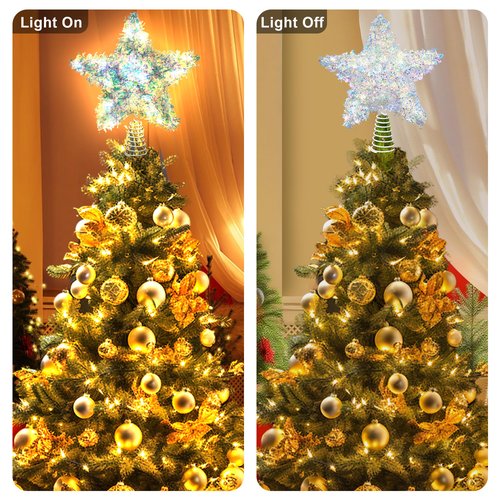 LAWOHO Christmas Tree Topper Star, Exquisite Christmas Decor, 10 Inch Shiny Iridescent Christmas Tree Decoration with 6H Timer, 20 Warm LED Lights for Xmas Tree, Holiday & Party, Indoor Decor