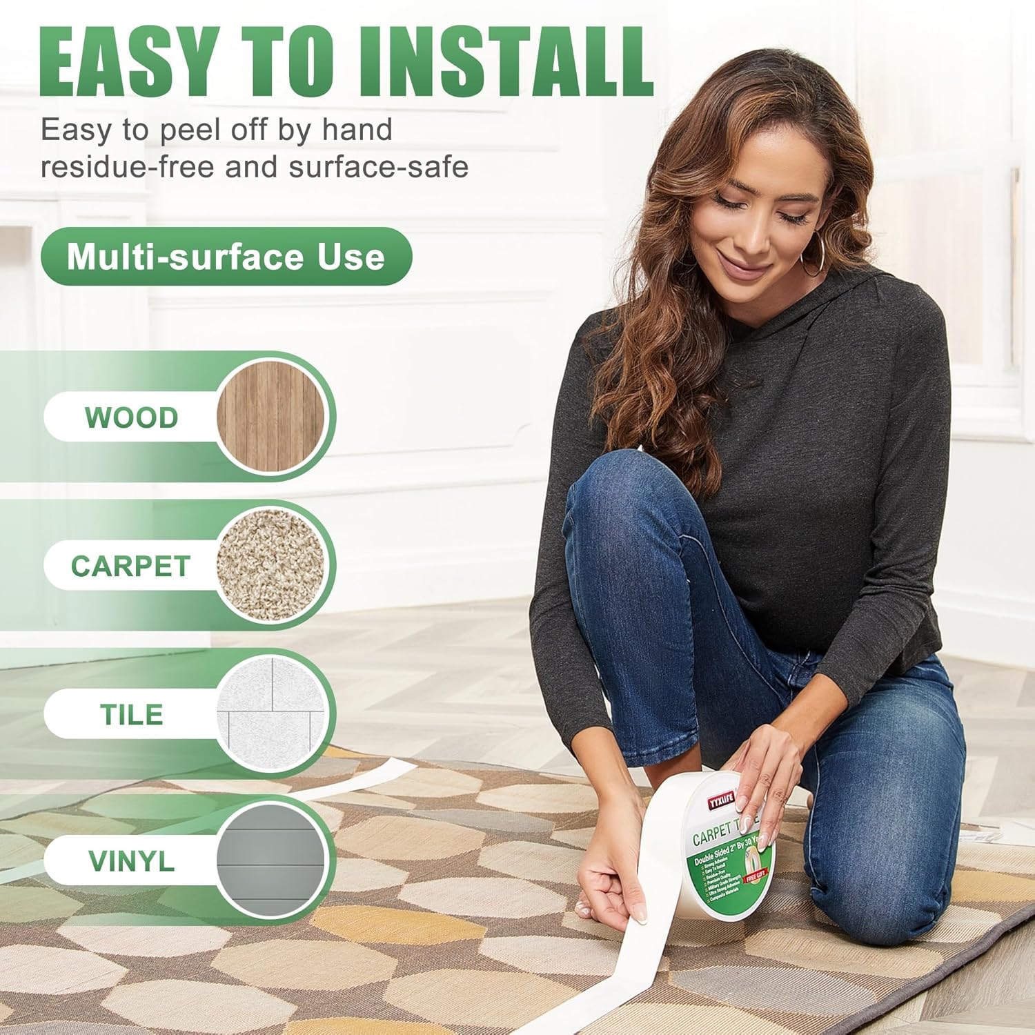 YYXLIFE Double-Sided Rug Tape | Strong Adhesive for Hardwood Floors - Non-Slip, Residue-Free, 2" x 10 Yards, White