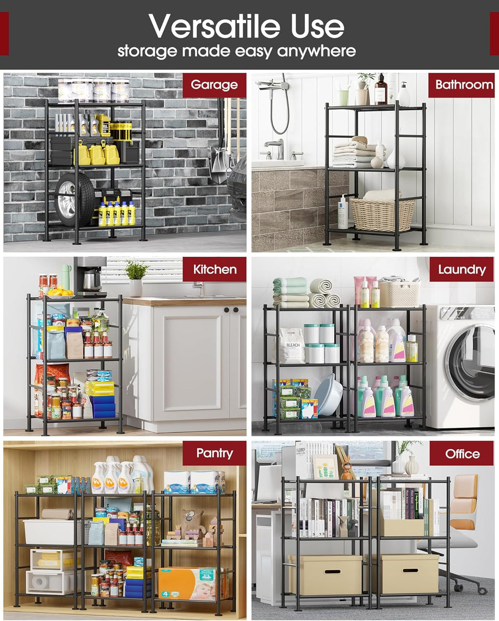 Sakugi Storage Shelves - Sturdy 3-Tier Metal Organizer with Adjustable Feet | Space-Saving Black Shelving (18" x 12" x 30")
