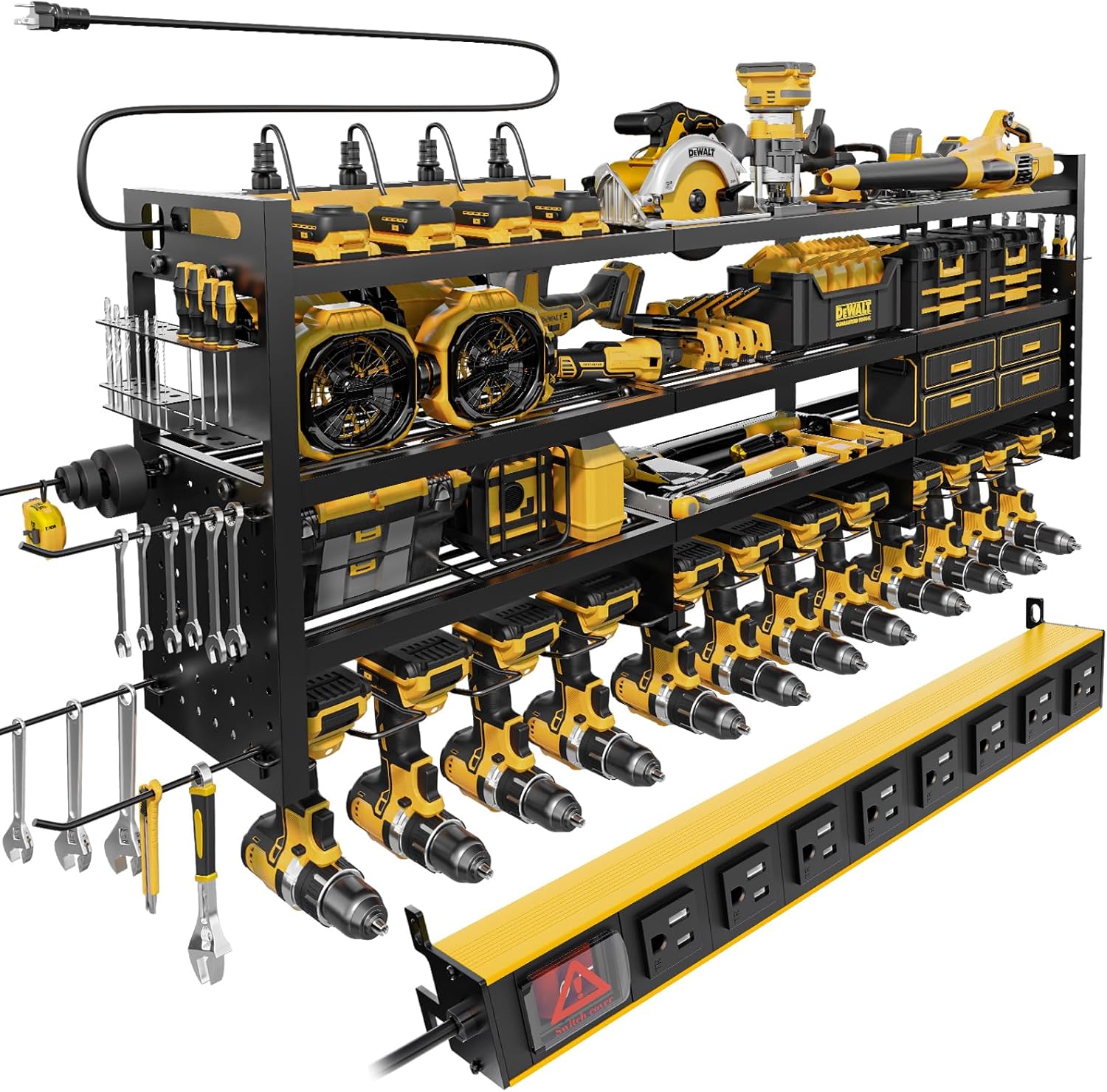 Power Tool Organizer - Wall Mount 8-Outlet Charging Station | Heavy Duty Garage Storage Rack
