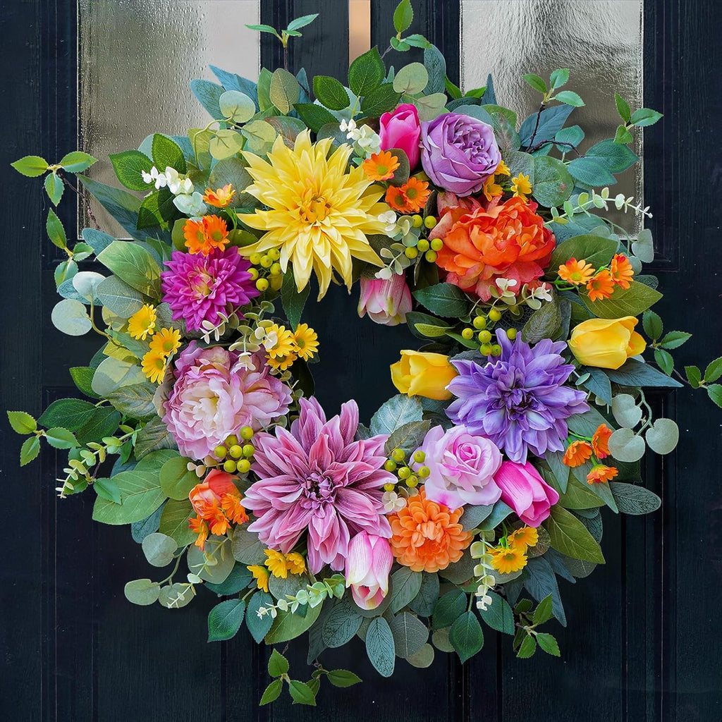 Skiennix 24-Inch Spring Summer Wreath - Luxury Colorful Floral Design with Chrysanthemums, Roses & Tulips