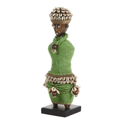 Deco 79 Small Hand-Crafted Pine Wood, Cowrie Shells, Green Beads & Kente Cloth African Woman Namji Doll, 3" x 5"