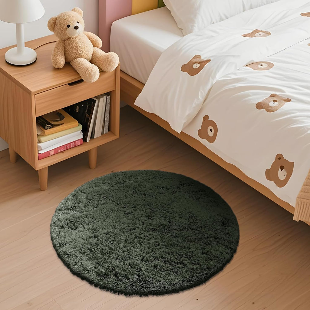 OLANLY Olive Green Round Rug - Soft, Machine Washable 2 ft Shaggy Area Carpet for Bedroom & Nursery Decor