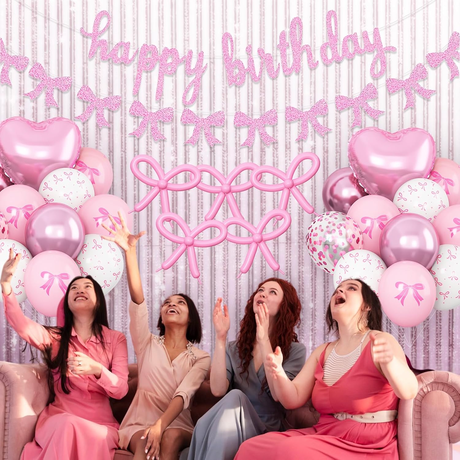 Skiennix Pink Bow Birthday Decorations - Coquette Party Set with Happy Birthday Banner & Heart Foil Balloons