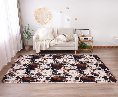 Aimuan Cow Print Area Rug Cute Fluffy Faux Cowhide Rug Super Soft Shaggy Carpets Tie-Dye Rugs for Living Room Bedroom Girls Kids Room Nursery Home Decor Non-Slip Mat (Coffee-Black, 5x7)