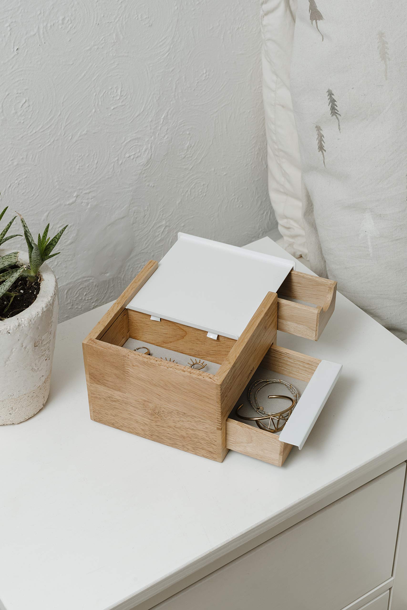 Umbra Mini Stowit Jewelry Box - Modern Keepsake Storage Organizer with Hidden Compartment Drawers for Ring, Bracelet, Watch, Necklace, Earrings, and Accessories (White/Natural)