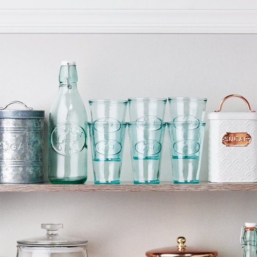 Amici Home Water Tap Hiball Glass | 16 Oz | Italian Made, Recycled Glass with Green Tint | Drinking Glass with Embossed Design for Water, Juice, Cocktails (Set of 6)