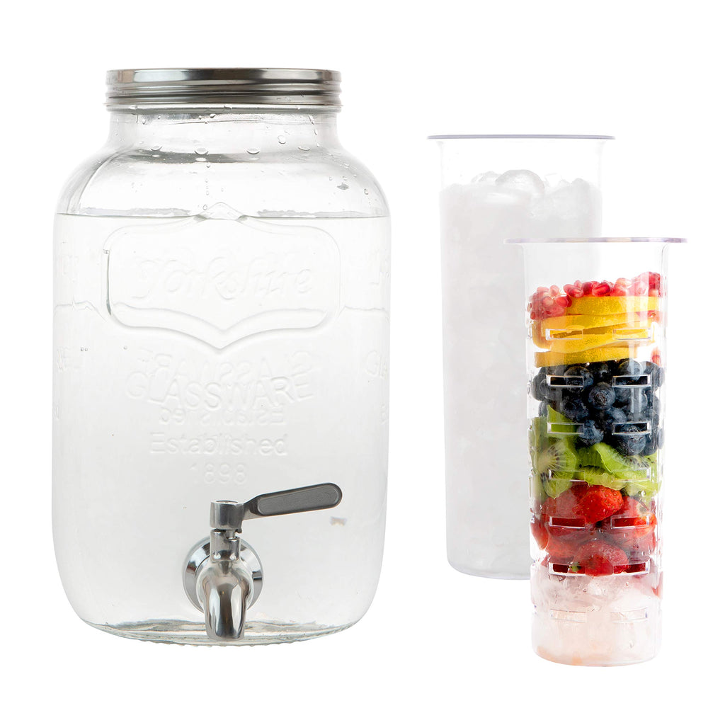 2 Gallon Glass Beverage Dispenser with Ice and Fruit Infusers, Stainless Steel Spigot and Metal Lid, Wide Mouth Mason Jar Drink Dispenser, for Iced Tea, Kombucha Brewing and more
