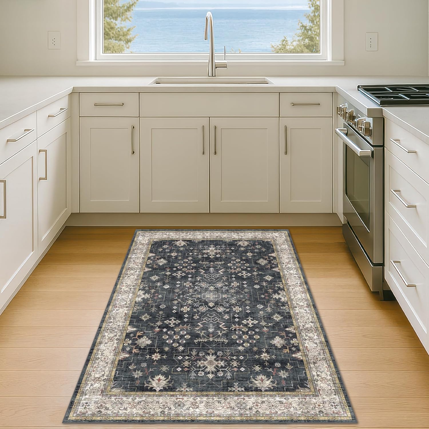 Skiennix Black Boho Washable Entry Rug - Non-Slip Rubber Backing | 3x4 Indoor Mat for Kitchen & Bathroom