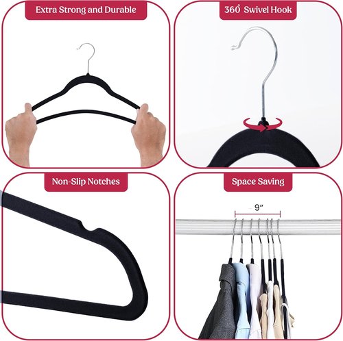 LDC Black Velvet Hangers - Premium Non-Slip Clothes Hangers with 360° Swivel Hook | 50 Pack - Black