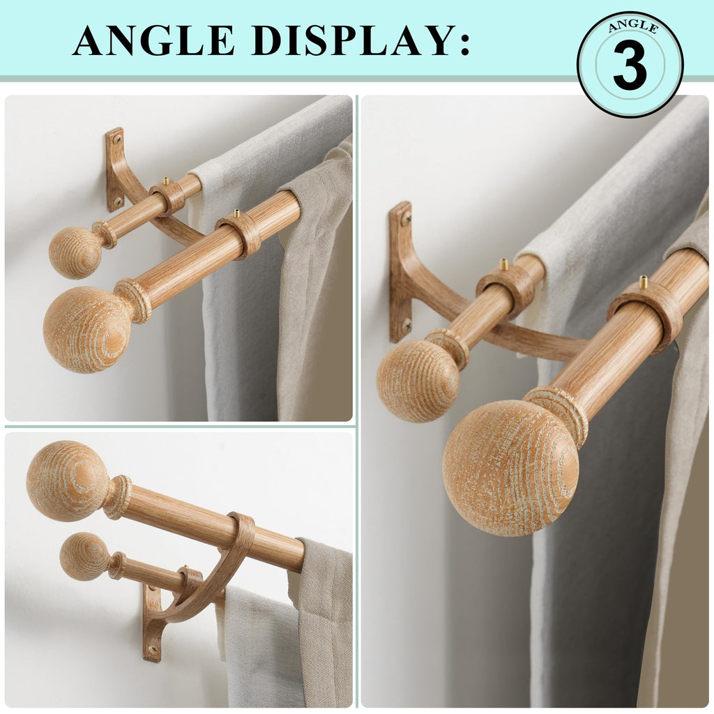 Double Wooden Curtain Rods for Windows 72 to 144 Inches,1 Inch Front and 5/8 Inch Back Boho Curtain Rod with Imitation Wood Grain Ball Finials and Double Aluminum Bracket,Light Wood Grain