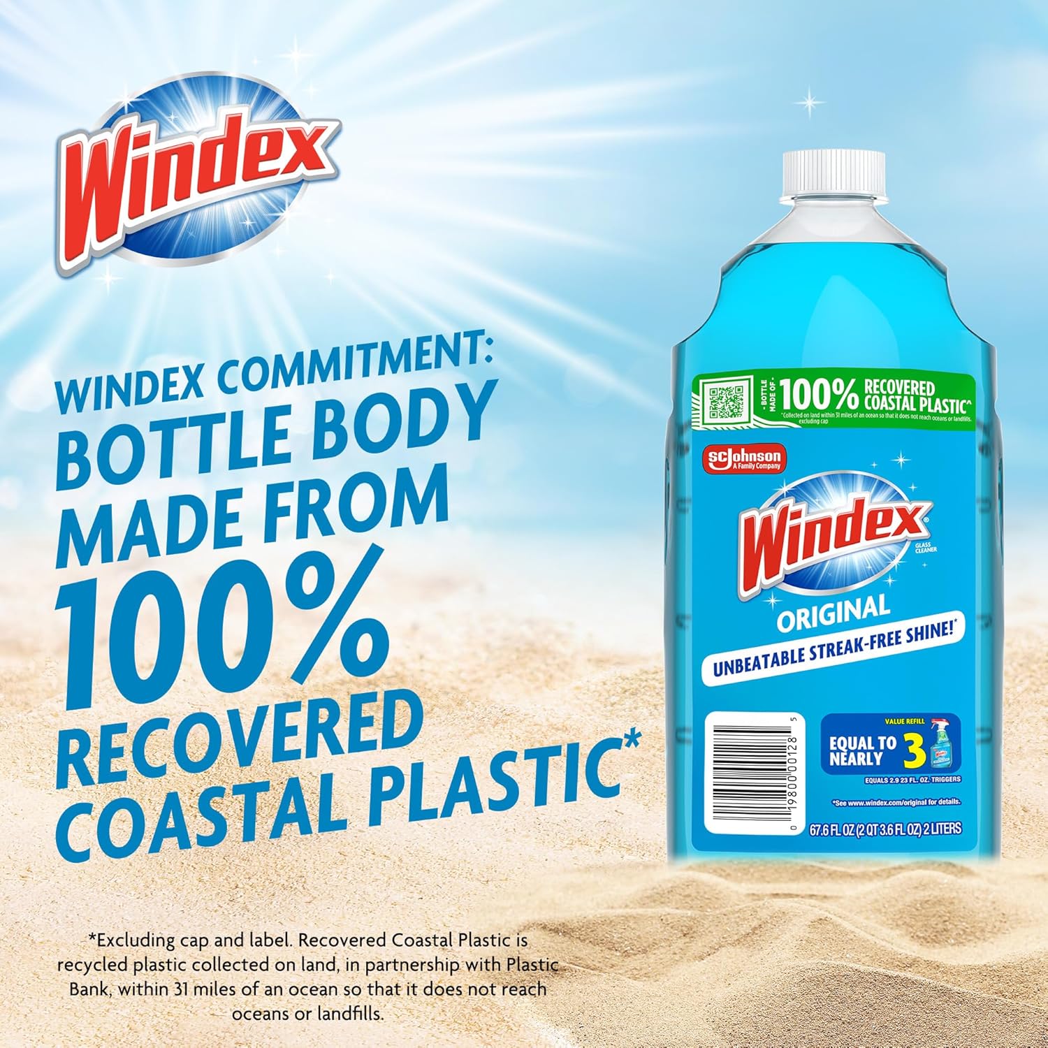 Windex Refill Glass & Window Cleaner - Eco-Friendly 100% Recycled Plastic, Original Blue Scent, 2L (Pack of 6)