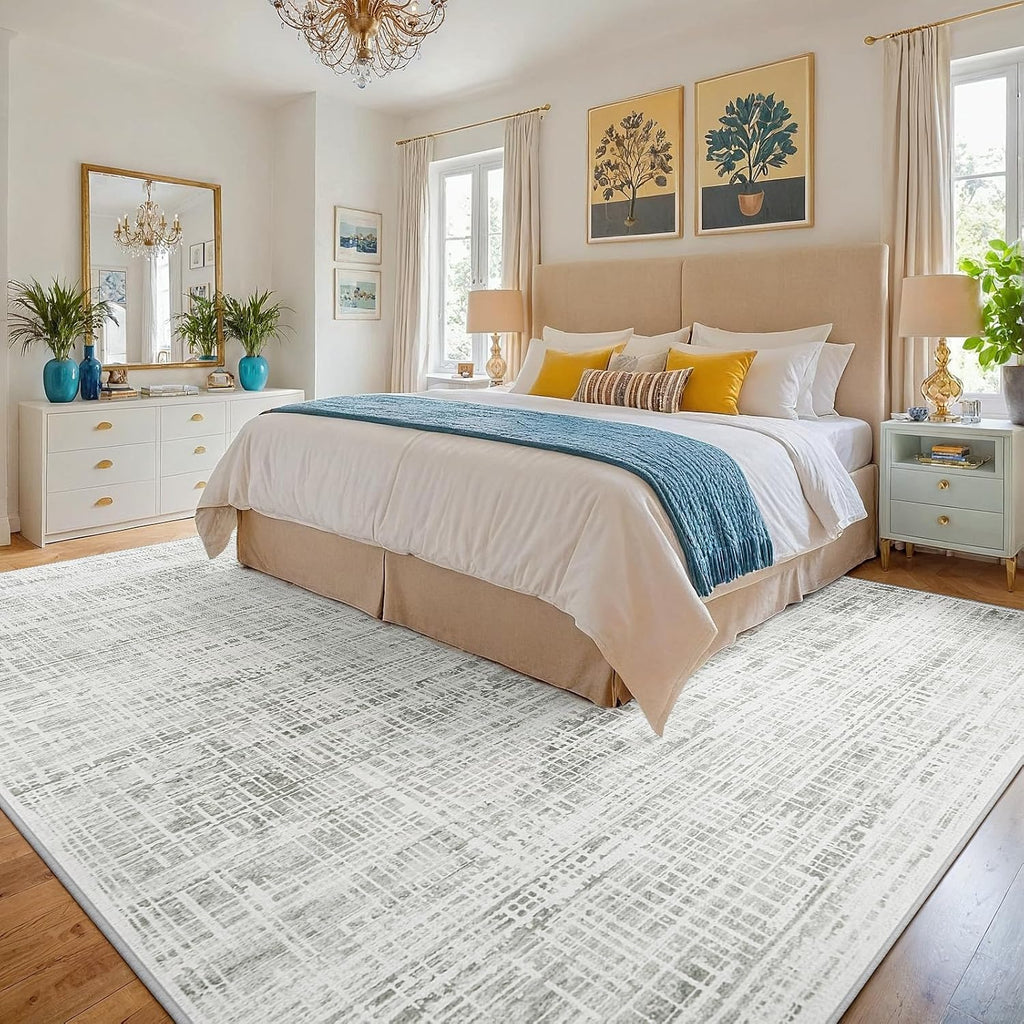 Skiennix 8x10 Area Rug - Washable Anti-Skid Abstract Design for Living Room | Soft Non-Shedding Carpet (White Gray)