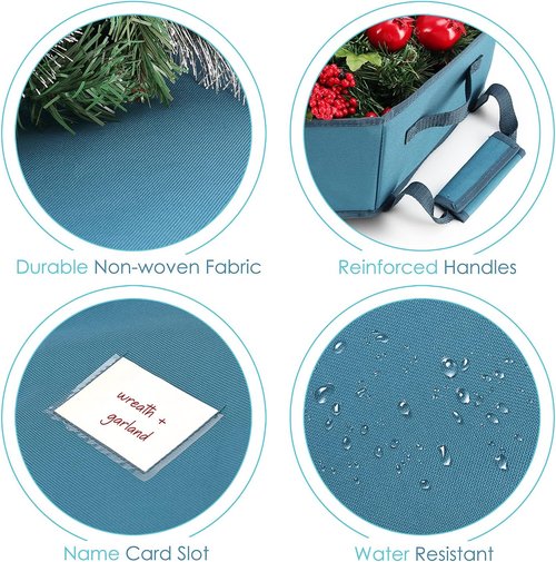 Hearth & Harbor Christmas Bag - Premium Hard Shell Wreath Storage Organizer with Dual Zipper & Pockets - 36" Blue