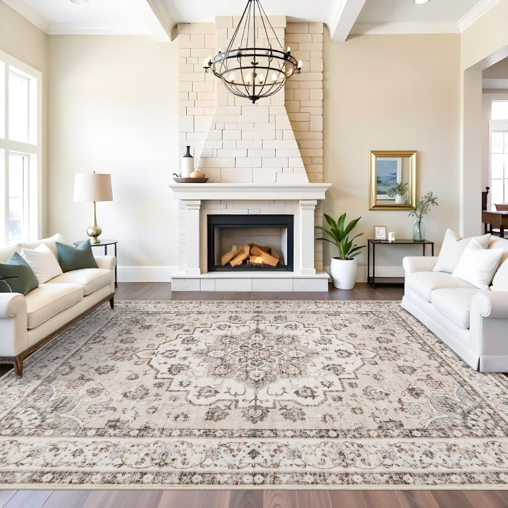 Skiennix Washable Large Area Rug - Non-Slip Stain Resistant Soft Medallion Design | 9x12 Beige/Cream