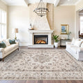 Skiennix Washable Large Area Rug - Non-Slip Stain Resistant Soft Medallion Design | 9x12 Beige/Cream