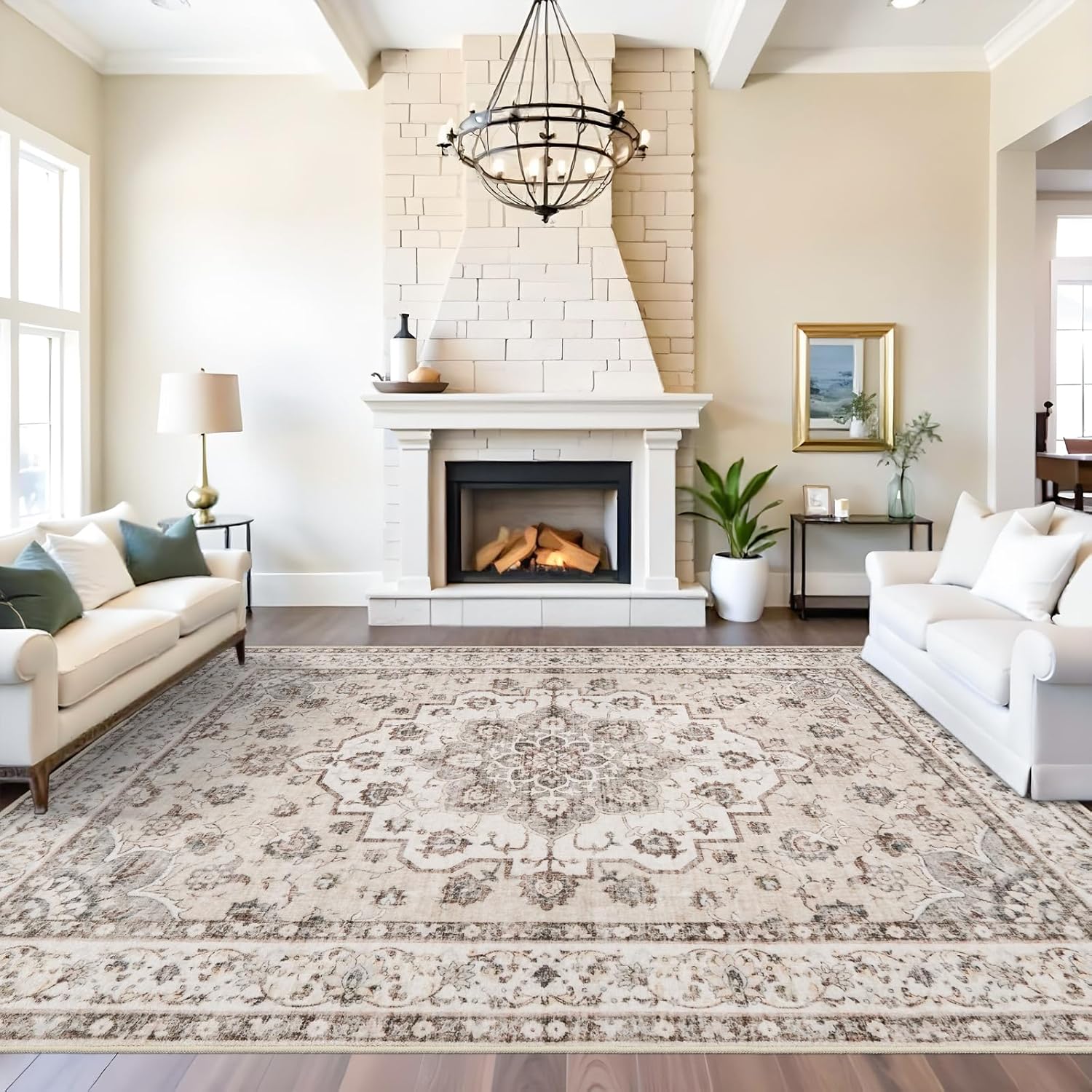 Skiennix Washable Large Area Rug - Non-Slip Stain Resistant Soft Medallion Design | 9x12 Beige/Cream