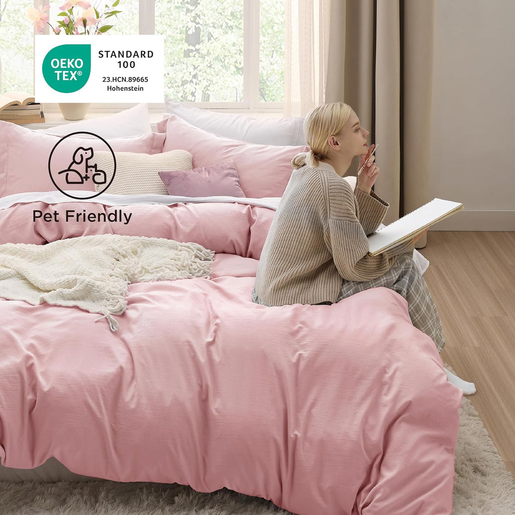 Bedsure Pink Duvet Cover Set - Soft Cotton-Like Polyester, Full Size 3-Piece Bedding Set, 80x90" with Zipper Closure