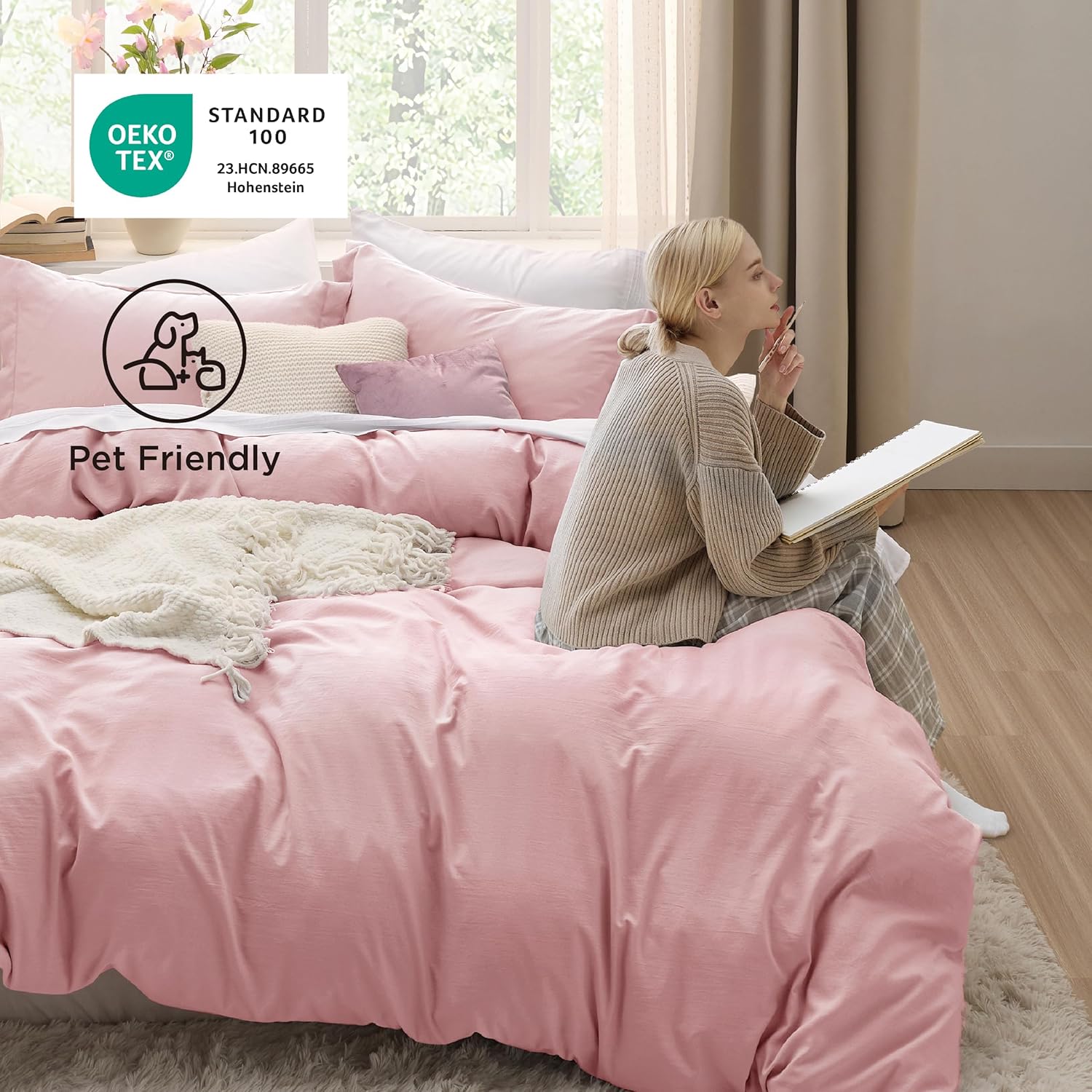 Bedsure Pink Duvet Cover Set - Soft Cotton-Like Polyester, Full Size 3-Piece Bedding Set, 80x90" with Zipper Closure