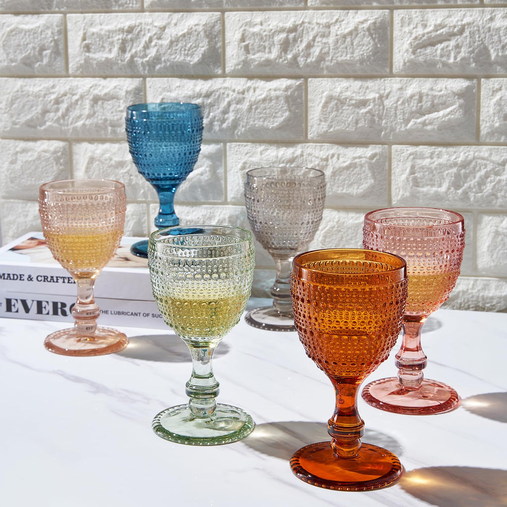 Khen Beaded Goblet Wine Drinking Glasses Set | Set of 6 | Vintage Hobnail Bubble Design Red or White Glassware, Old-Fashioned, Art Deco Glass for Water, Wine, Cocktail Dishwasher Safe (14.8 OZ)