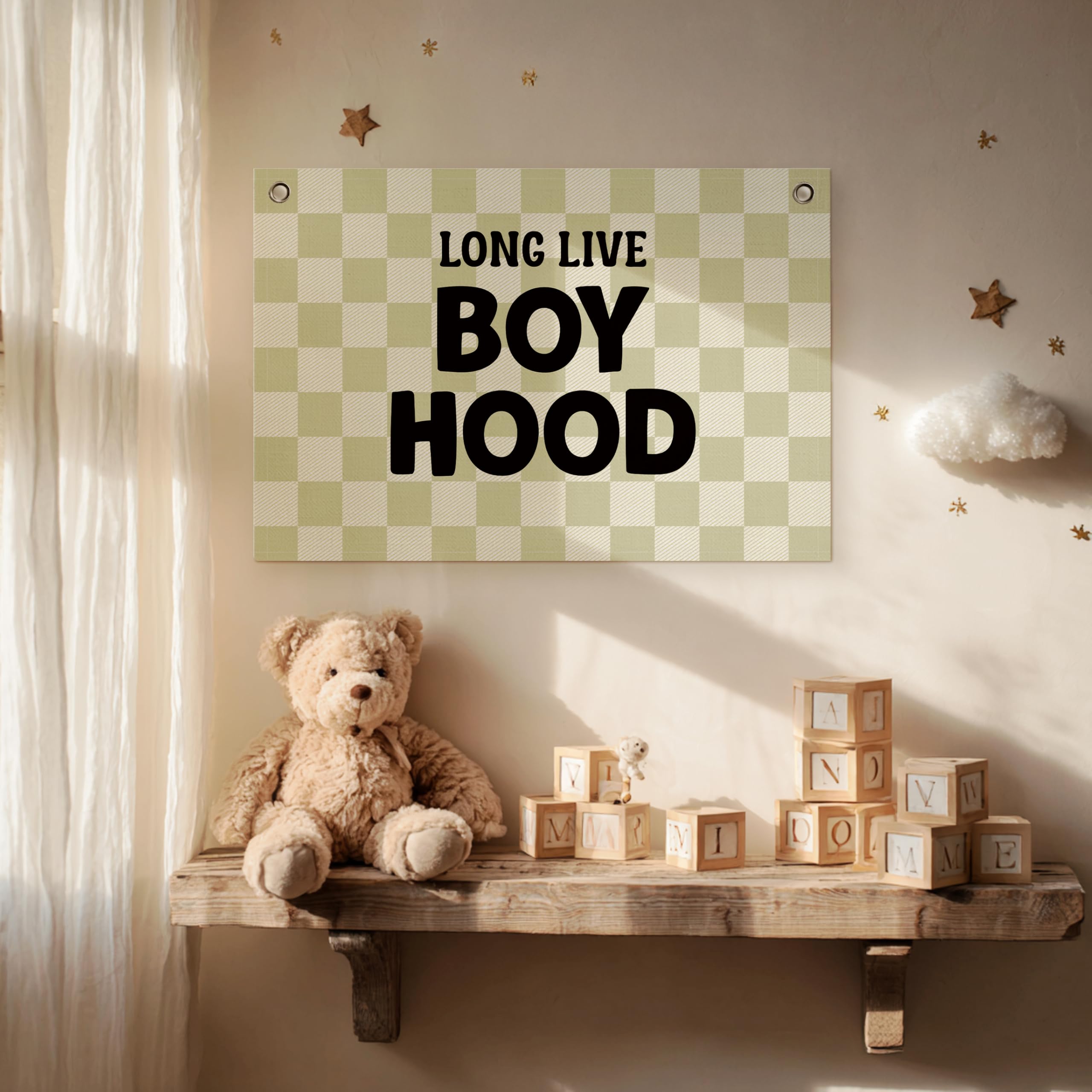 Long Live Boyhood Banner – Boy Room Decor Linen Banner Hanging Flag Retro Pink for Nursery Playroom Wall Art Decor for Kids Bedroom Dorm Toddler Decorations (Green Plaid2)