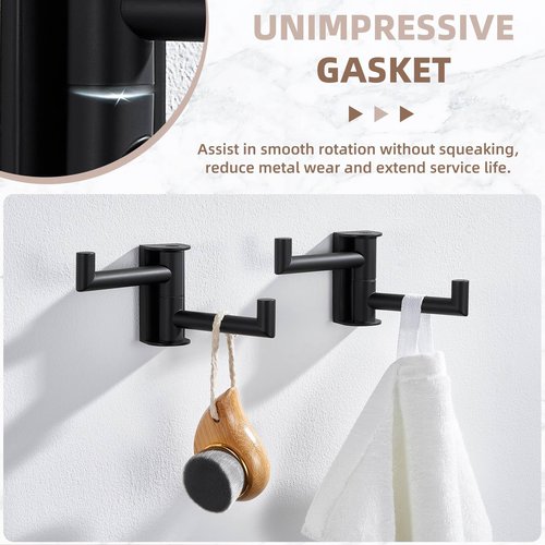 Suyar Double Towel Hook Matte Black, SUS 304 Stainless Steel Heavy Duty Wall Hook for Bathroom, Swivel Coat Holder, Towel Hanger with 2 Foldable Arms, 2 Pack