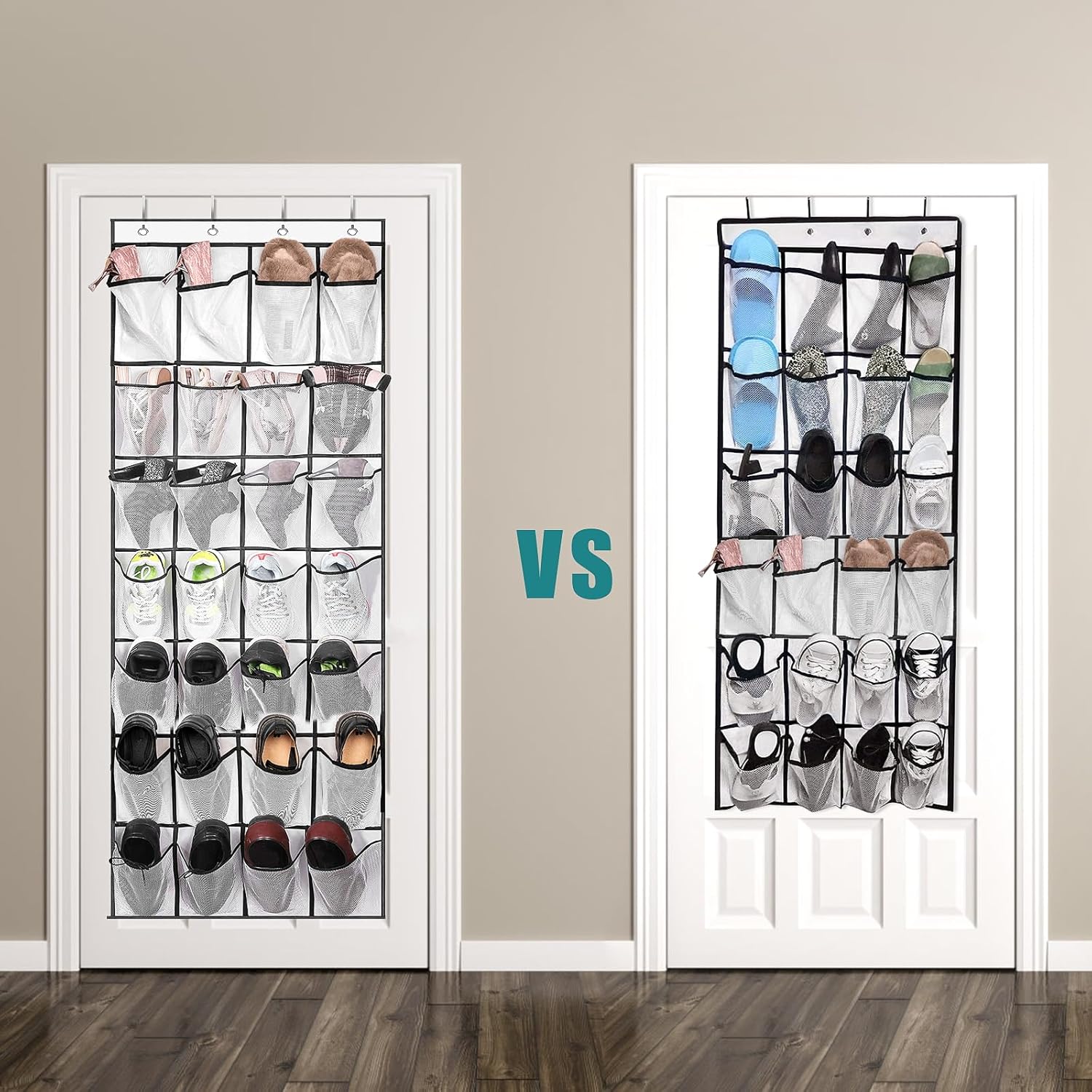 VOPTON Over The Door Shoe Organizer - 28 Large Pockets, Premium Clear Storage Rack, White