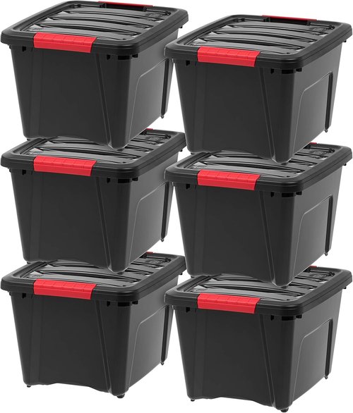 IRIS USA 19 QT Plastic Storage Box - BPA-Free, Durable Nestable Containers with Lids - 6 Pack, Black