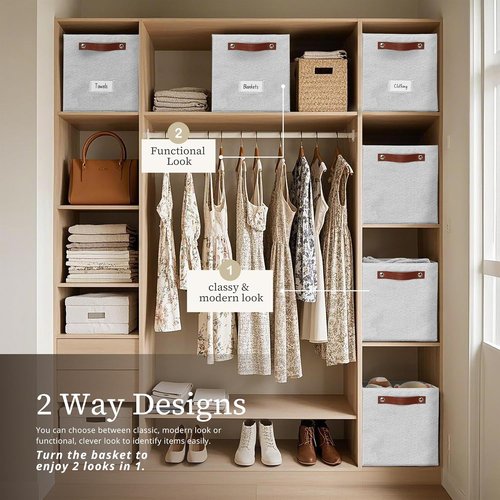DECOMOMO Storage Bins - Fabric Cube Storage Bins with Labels for Shelves | 11" | 6pcs, Light Texture Grey