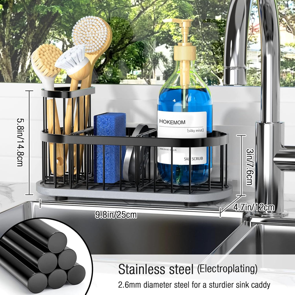 Stay-Dry Sponge Holder | Rustproof Stainless Steel Kitchen Sink Caddy with Water Absorbing Stone Tray - Black