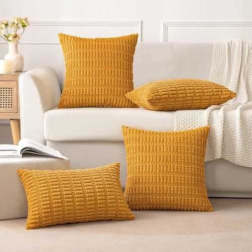 MIULEE Corduroy Throw Pillow Covers - Soft Boho Striped Design | 18x18 Inch, Gold Yellow for Modern Home Decor