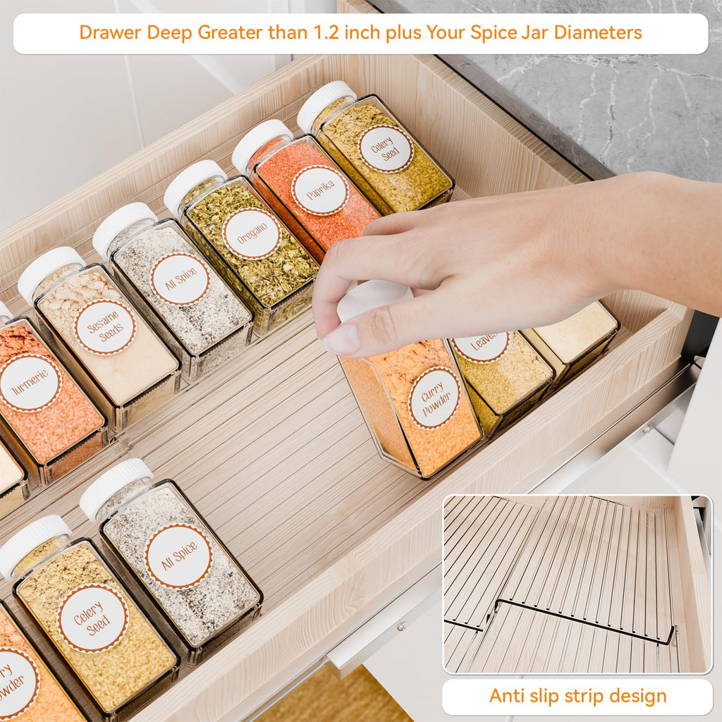Yieach 4 Pack Adjustable Narrow Spice Rack for Drawer - Expandable From 9" to 17.7" - Acrylic Drawer Seasoning Organizer,Tiered Clear Spice Tray for Spices,Condiment,Nail Polish and Jar Organization