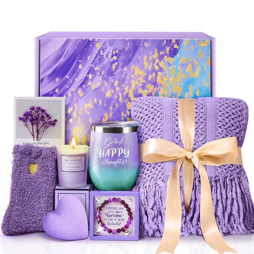 Birthday Gifts for Women Mom Daughter Best Friend - Unique Christmas Valentines Day Gifts for Her Wife Girlfriend - Lavender Self Care Get Well Soon Gift, Spa Gift Baskets w/Blanket Care Package