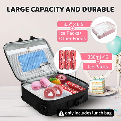Easozoom Insulated Lunch Bag lonchera for Teen Girl Boy Kid Bento Box Reusable Large Capacity Portable Waterproof Leakproof with Name Tag to School Office Picnic Travel (1PCS Lunch Bag) (Black)